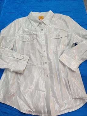 Ruby Rd. Shimmery White Button-Down Shirt Tiny Dot